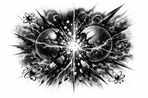 Abstract representation of nuclear fission with glowing particles and dark energy. tattoo idea