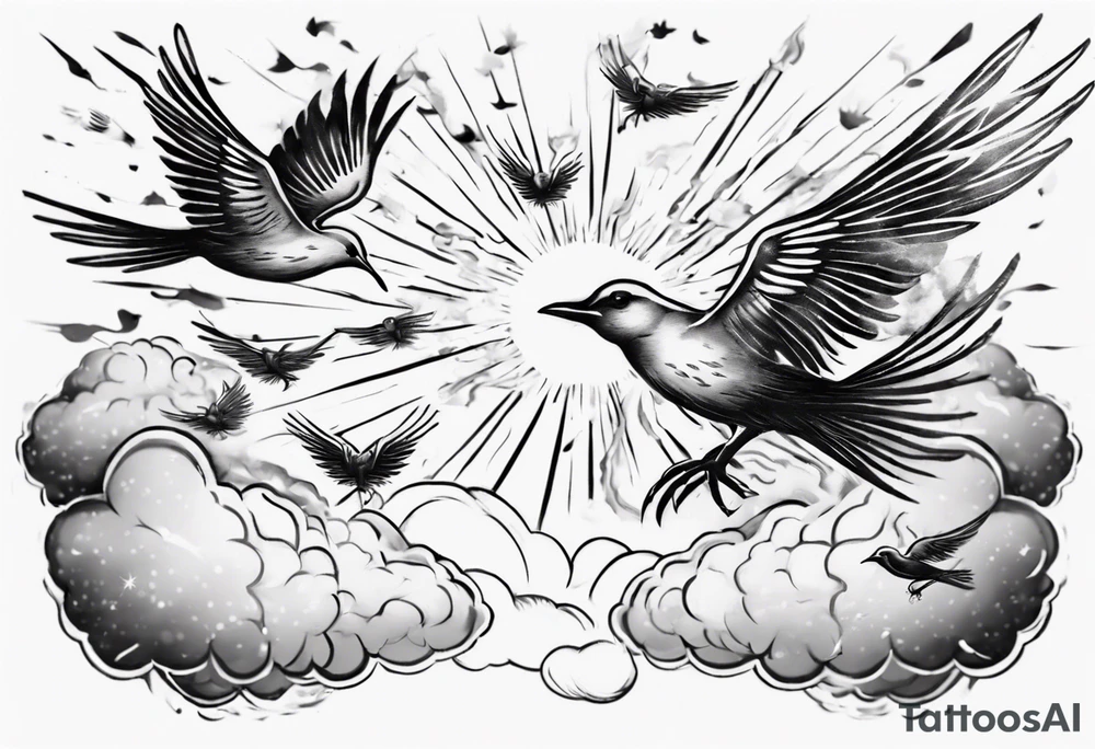 a shoulder tattoo with rays of light, clouds and birds flying free tattoo idea