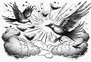 a shoulder tattoo with rays of light, clouds and birds flying free tattoo idea