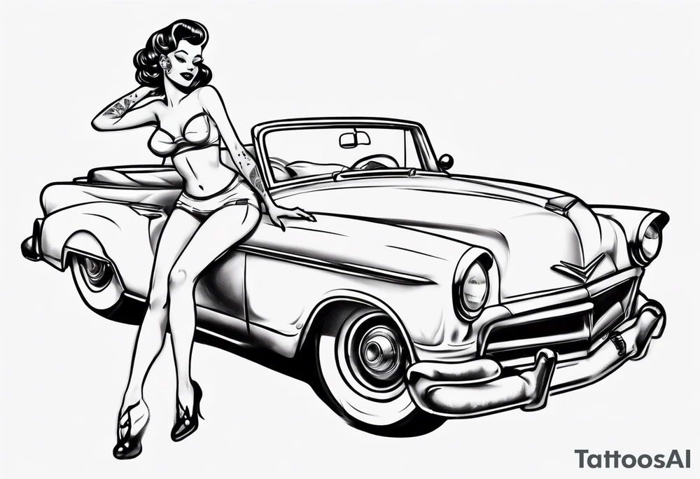 pinup doll laying on the hood of a classic vintage car tattoo idea