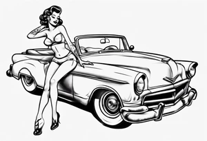 pinup doll laying on the hood of a classic vintage car tattoo idea
