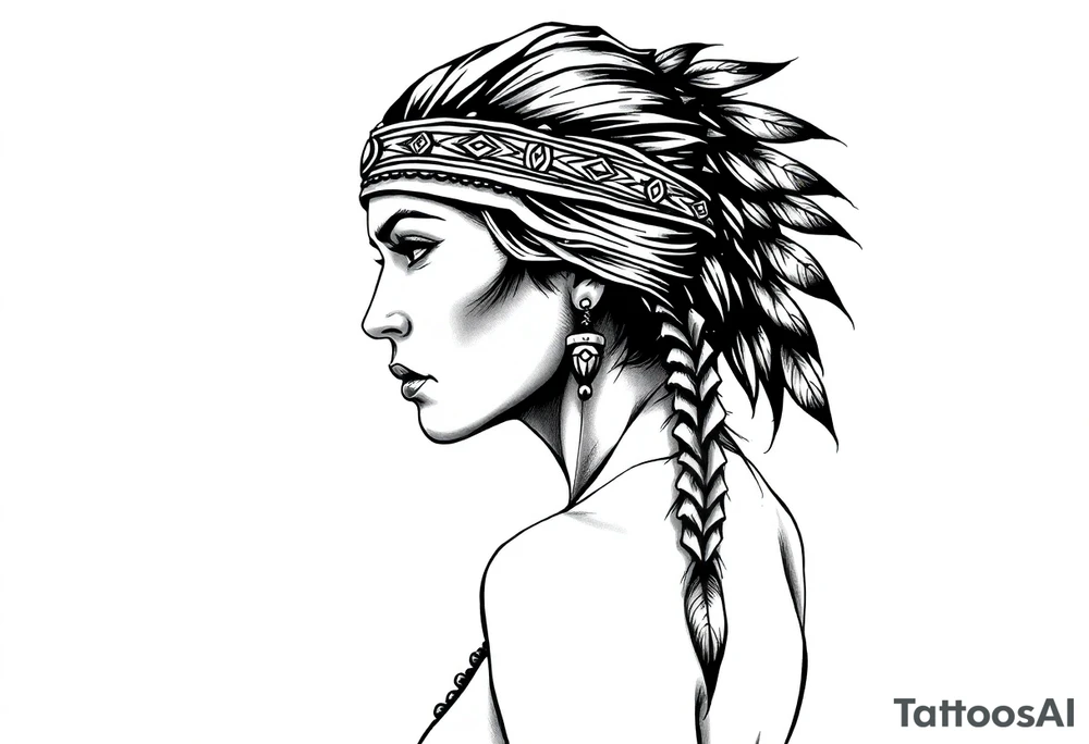 Female Native American with headband side pose tattoo idea