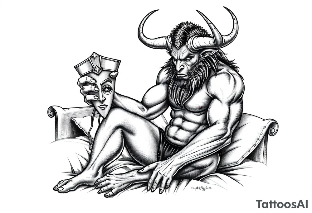 a minotaur holding a mans mask sittind on bed corner tattoo idea