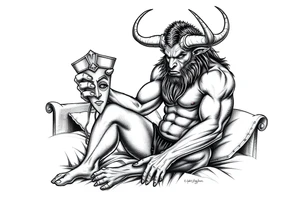 a minotaur holding a mans mask sittind on bed corner tattoo idea