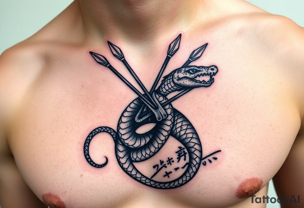 snake carrying a bunch of arrows in a quiver on its back and japanese text tattoo idea