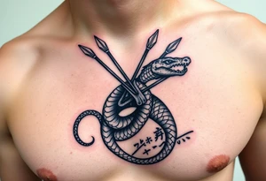 snake carrying a bunch of arrows in a quiver on its back and japanese text tattoo idea