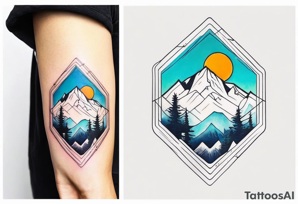 Small fine line tattoo of a snowboard with a snowflake and mountains in it tattoo idea
