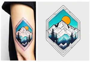 Small fine line tattoo of a snowboard with a snowflake and mountains in it tattoo idea