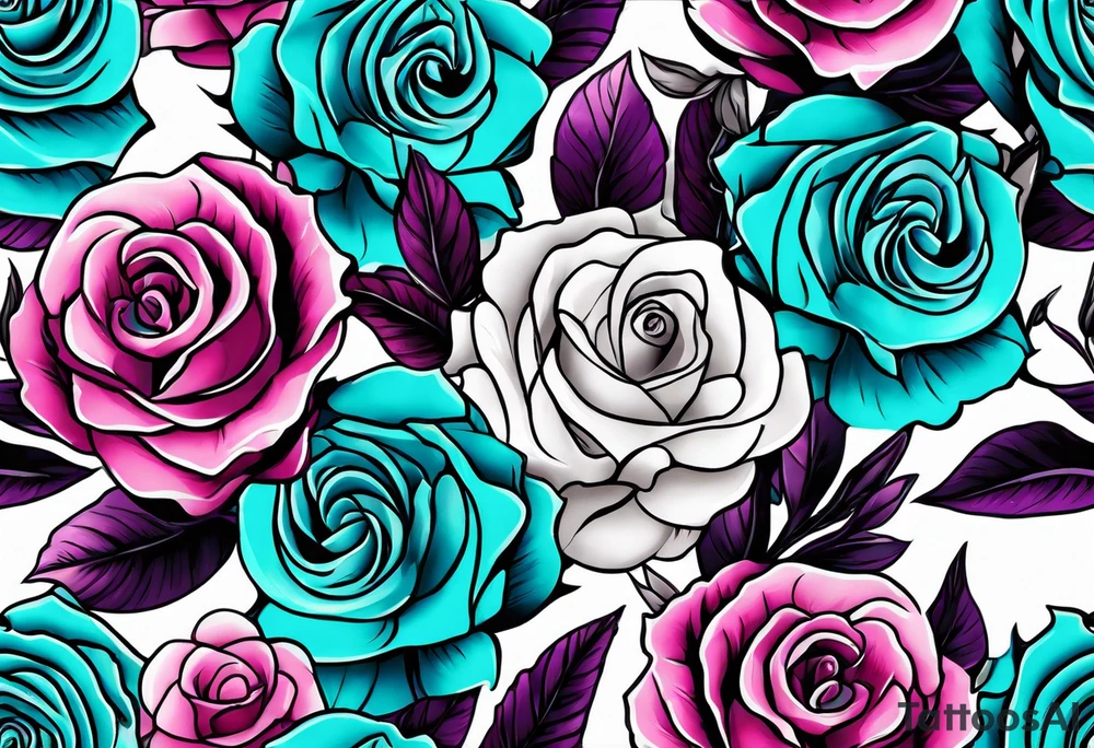 Pink purple roses with teal leaves tattoo idea