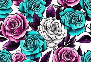 Pink purple roses with teal leaves tattoo idea