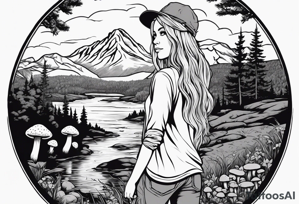 Whole picture encircled fully

Straight long blonde hair hippie girl in distance holding mushrooms in hand facing away toward mountains and creek surrounded by mushrooms long sleeve shirt and hiking pants; whole rendering within a full circle, no cut off circle tattoo idea