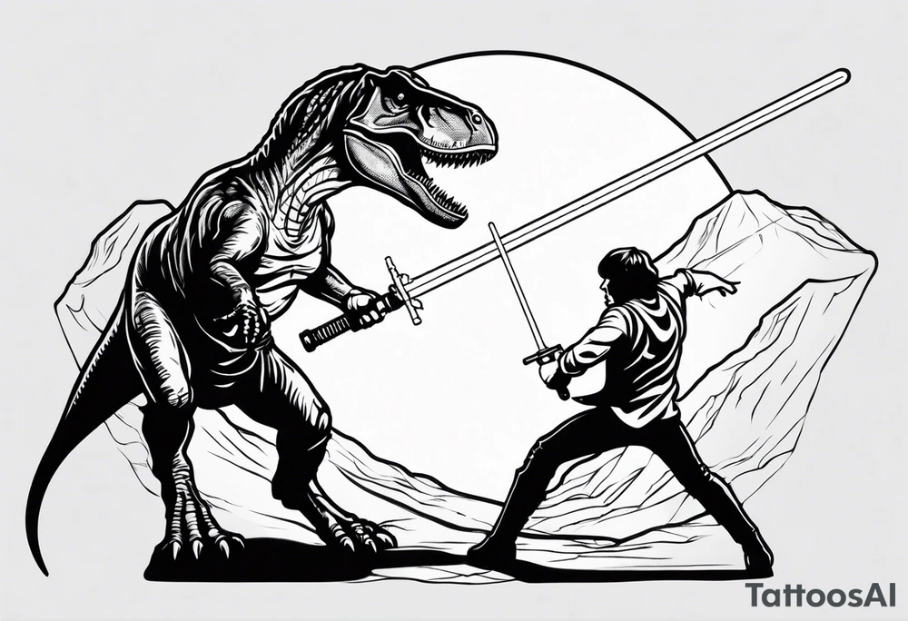 Luke Skywalker and a T-Rex fighting each other with lightsabers tattoo idea