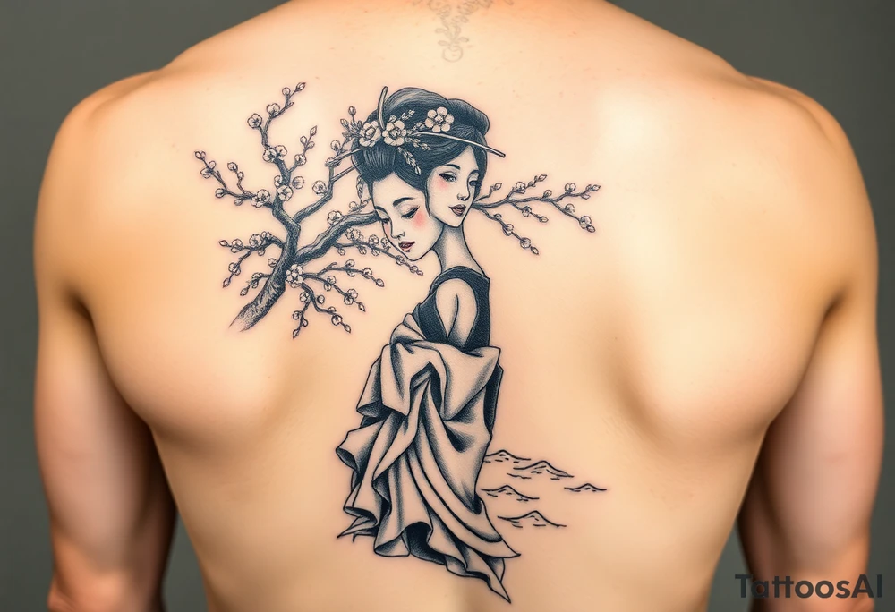 Fierce Japanese geisha with cherry blossom tree river and stone bench tattoo idea