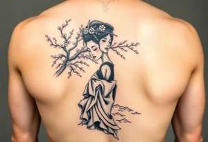 Fierce Japanese geisha with cherry blossom tree river and stone bench tattoo idea