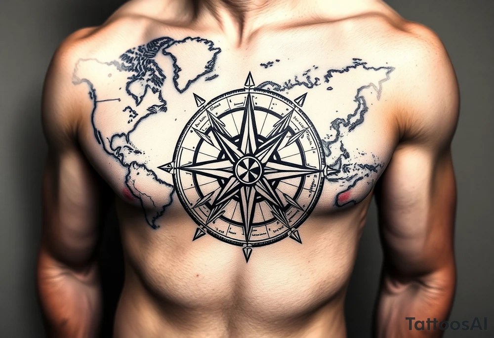 antique compass rose overlaid on weathered world map with sailing ships tattoo idea