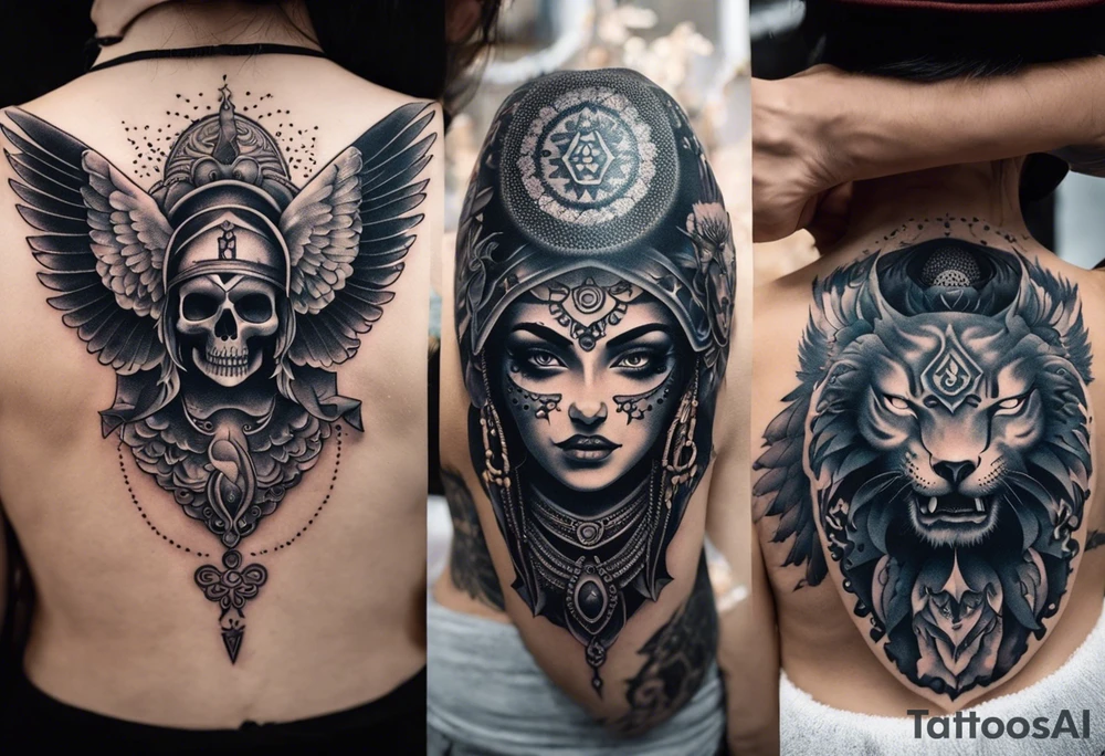 black kali, goddess pirate, alien, angel, pachamama, valkrye, warrior, flying, skull, lotus azul, wing, eagle, zenza resonance, stars, 5D, anahata chakra, death, durga, riding on a tiger, flying lady, chest tatoo tattoo idea