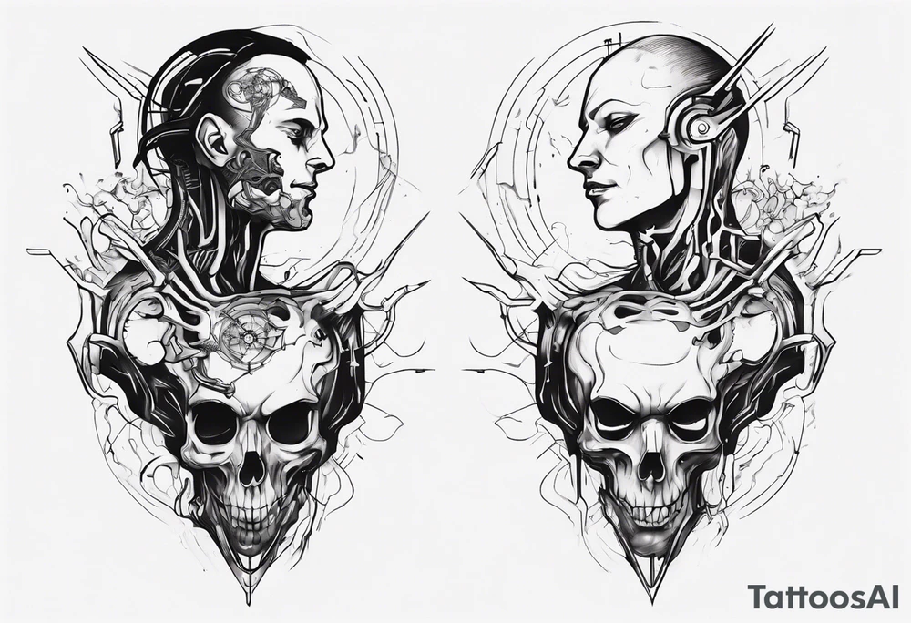 minimalist cyberpunk upper arm design from the shoulder that depicts heaven and hell with neuron projecting downwards. tattoo idea