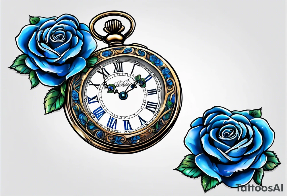 Pocket watch with blue roses tattoo idea