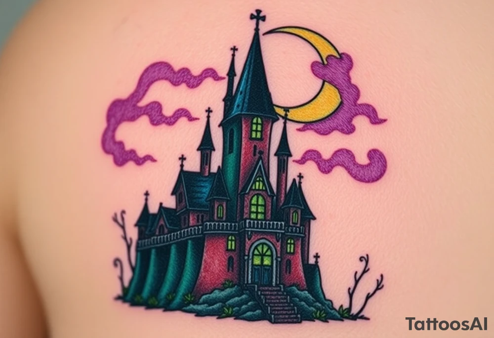 Tim Burton’s disney sleeping beauty’s haunted castle is abandoned and dripping with muted reds, dusty pinks, and eerie green glow.purple and cyan smokey clouds swirl in the crescent moonlit sky thats sprinkled with stars tattoo idea tattoo idea