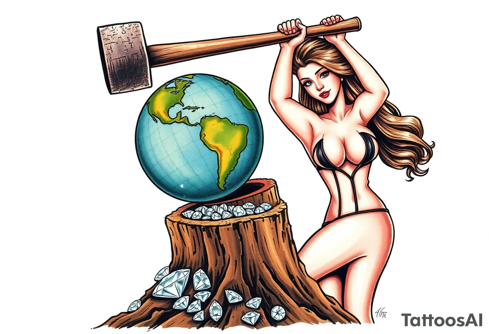 a very beautiful pin up girl, the pin up girl has her breasts nude with nipples exposed and in view, the pin up girl is wearing a g string, the pin up girl is swinging a large mallet overhead, the motion of swinging resembles an ax chopping wood, the mallet she is swinging is making contact with a earth globe, the earth globe is on top of a tree stump, the earth globe is half of the size of the diameter of the top surface of the tree stump, the earth globe is being squashed and compressed between the mallet and the trees stump, there is a pile of diamonds at the base of the tree stump, the idea is that the mallet is compressing the earth globe and the product is the diamonds that have fallen below, the idea is that the pin up girl if very beautiful, the idea is that pressure makes diamonds tattoo idea