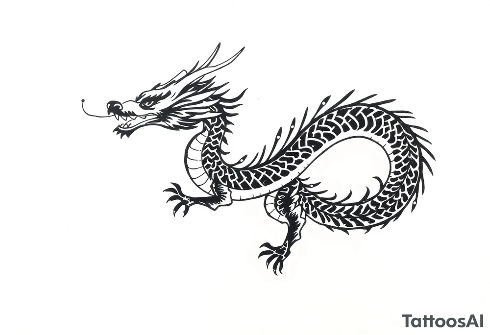 Black ink dragon with flowing body, abstract motion lines, stylised blackwork tattoo, minimalist details, high contrast, traditional Japanese dragon form, vertical layout tattoo idea