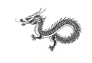 Black ink dragon with flowing body, abstract motion lines, stylised blackwork tattoo, minimalist details, high contrast, traditional Japanese dragon form, vertical layout tattoo idea