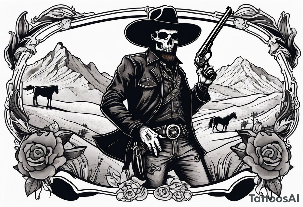 skeleton with a cowboy hat, holding a revolver, in the background there's a western hill and a man on a horseback tattoo idea