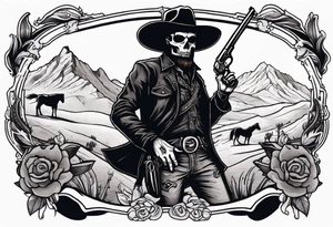 skeleton with a cowboy hat, holding a revolver, in the background there's a western hill and a man on a horseback tattoo idea