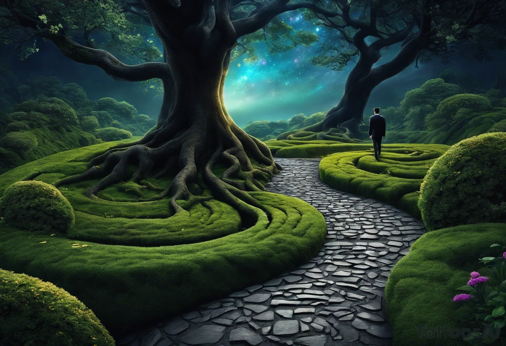 A winding uneven stone path, either side is mystical looking flora and tree roots, the path ends in a bundle of treee roots that turn into a galaxy. walking the path is a black sillouette of a man in a suit with a cat walking next to him, spread out randomly along the design are three other cat silhouettes hiding in the borders. at the very end of the path is a black silhouette of a woman in a dress holding an umbrella facing to her left. tattoo idea