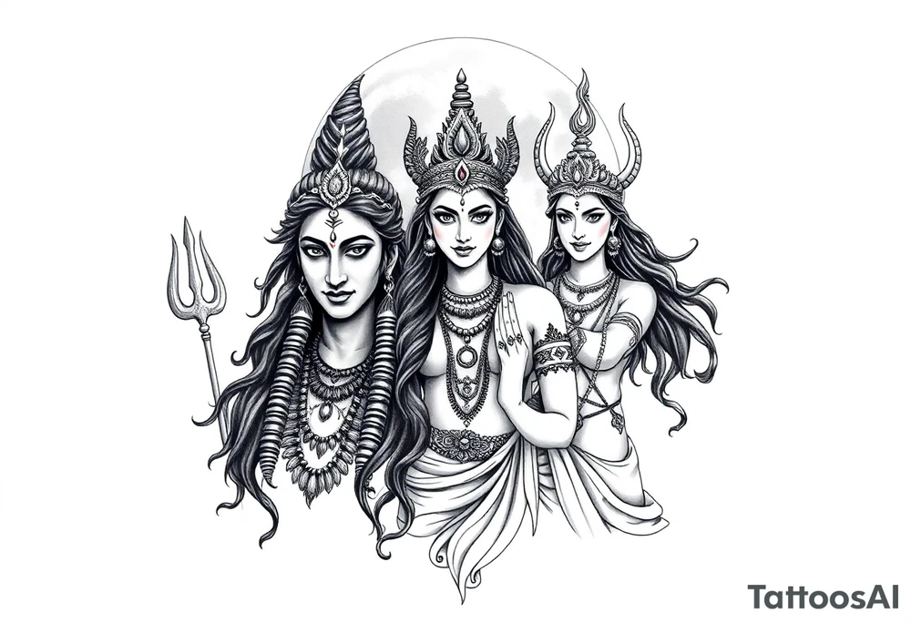 Lord Shiva, Godess Kali, Godess Lilith Together with the moon in the background tattoo idea