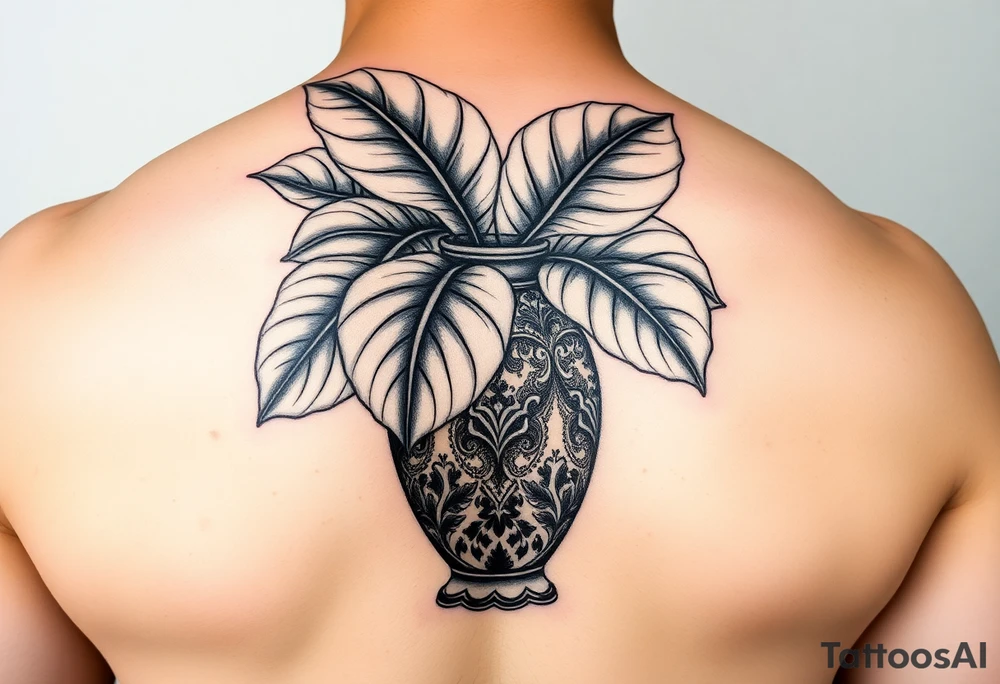 Large Decorative ornamental
 vase with large monstera leaves tattoo idea