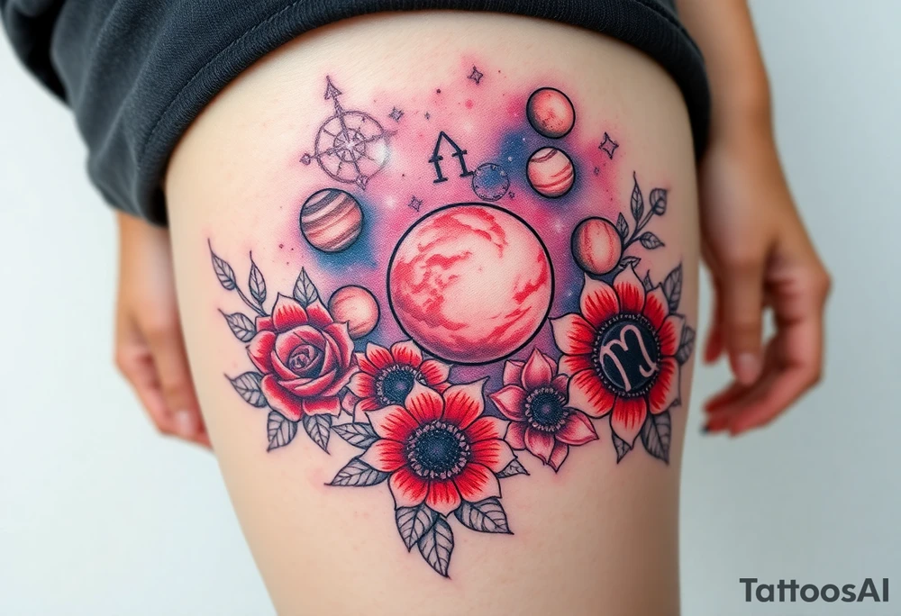 Milky way galaxy with planets with zodiac symbols and protection runes in it with red roses and sunflowers tattoo idea