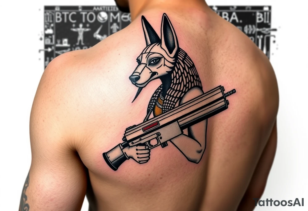 "Anubis in a ufo, holding a tommy gun. His jackal head is half-cyborg (exposed circuits). Hieroglyph background spells 'BTC TO THE MOON'.  

Style: Art Deco meets cyber-Egyptian. Black/red/gold ink. Forearm sleeve." tattoo idea