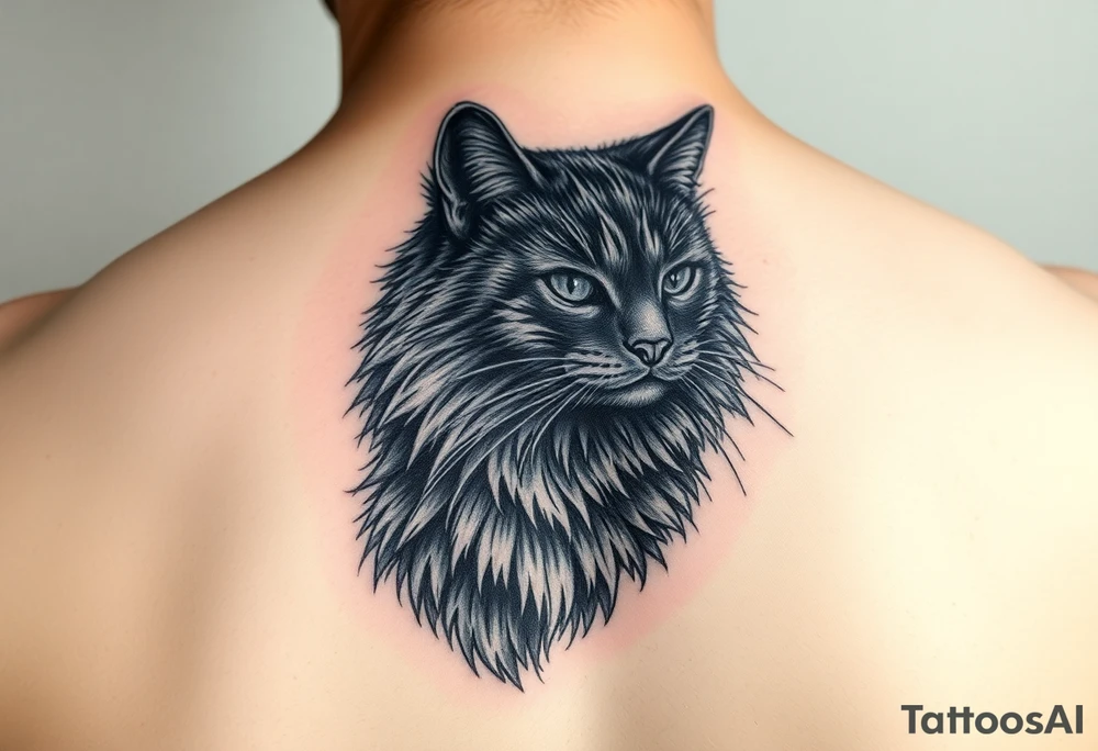 long hair black domestic cat tattoo idea