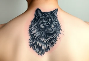 long hair black domestic cat tattoo idea