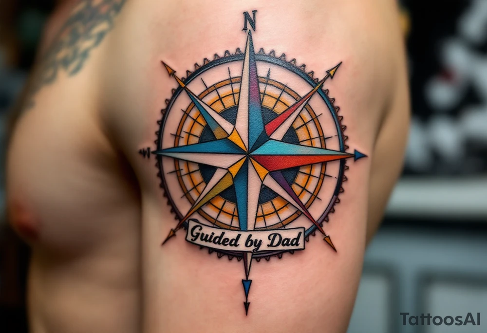 A colorful compass rose with “Guided by Dad” lettered in black under the north point. tattoo idea