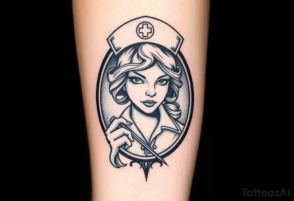 Sleazy nurse with nurse hat and a needle in an elaborate vintage cameo tattoo idea