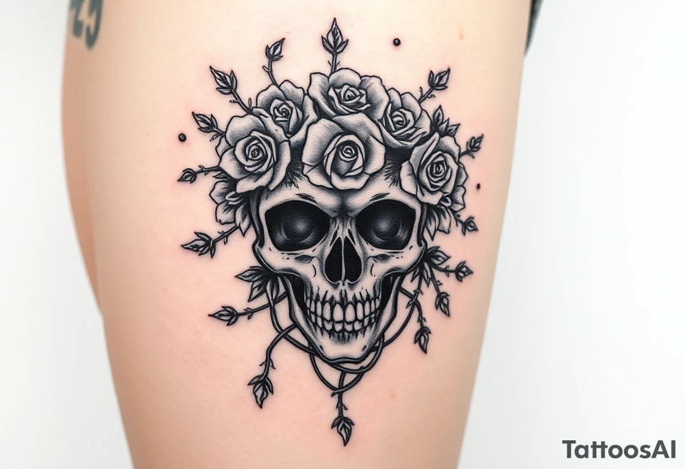 ornate skull adorned with crown of wild roses and thorns tattoo idea