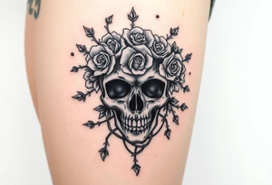 ornate skull adorned with crown of wild roses and thorns tattoo idea