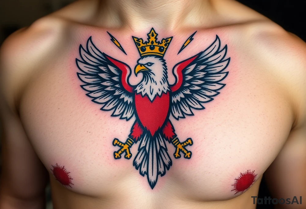 A red and white The Moravian eagle  with golden crown on its head surrounded by a storm, with dark clouds and lightning bolts tattoo idea
