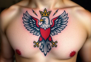 A red and white The Moravian eagle  with golden crown on its head surrounded by a storm, with dark clouds and lightning bolts tattoo idea