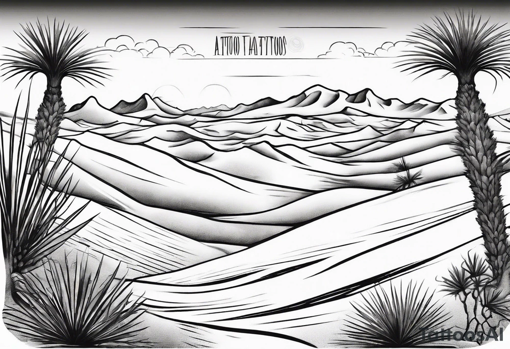 "Design a tattoo depicting a distant view of a vast desert landscape with low, undulating sand dunes. tattoo idea