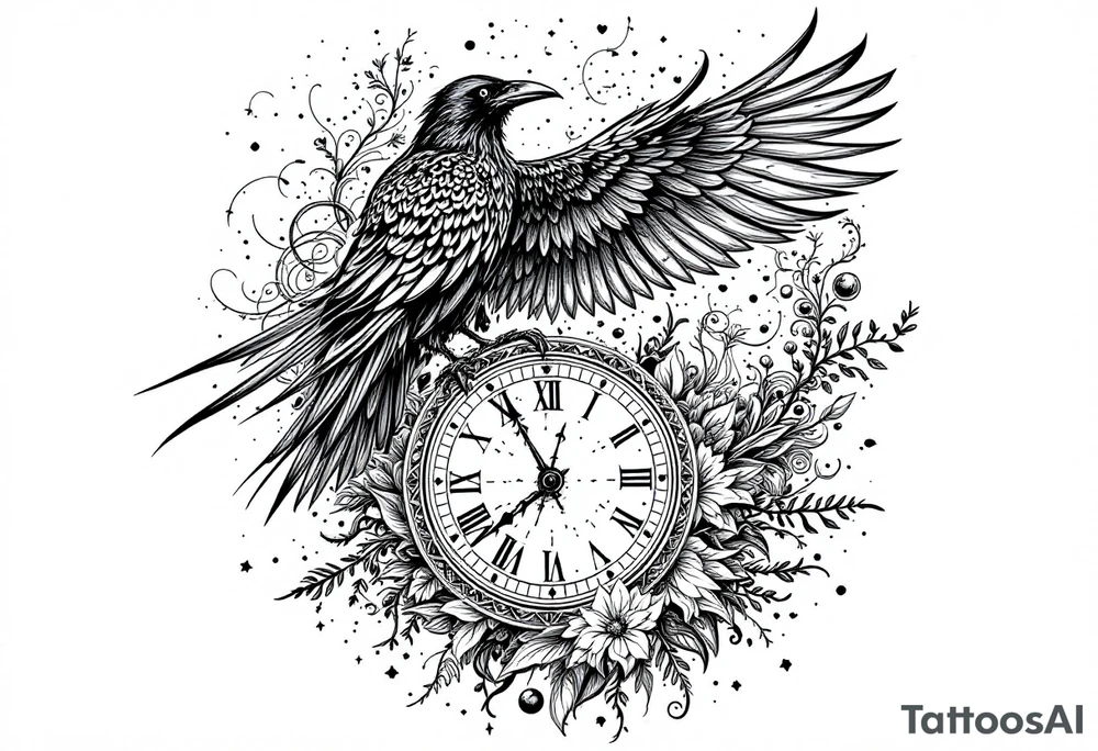 black raven standing on a clock face mandala tattoo idea