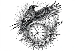 black raven standing on a clock face mandala tattoo idea