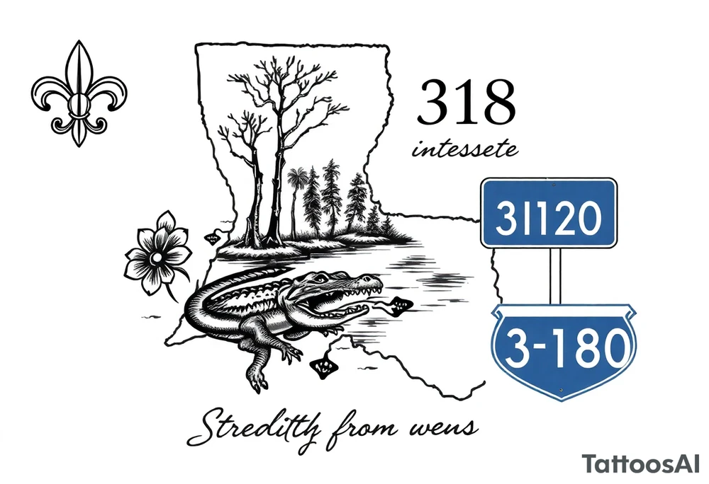 Louisiana state outline with fleur-de-lis, a bayou with a gator and trees , the 318 area code and and quote that says  Out the dirt, out the water, straight from 318 , a sign that says interstate I-20 tattoo idea