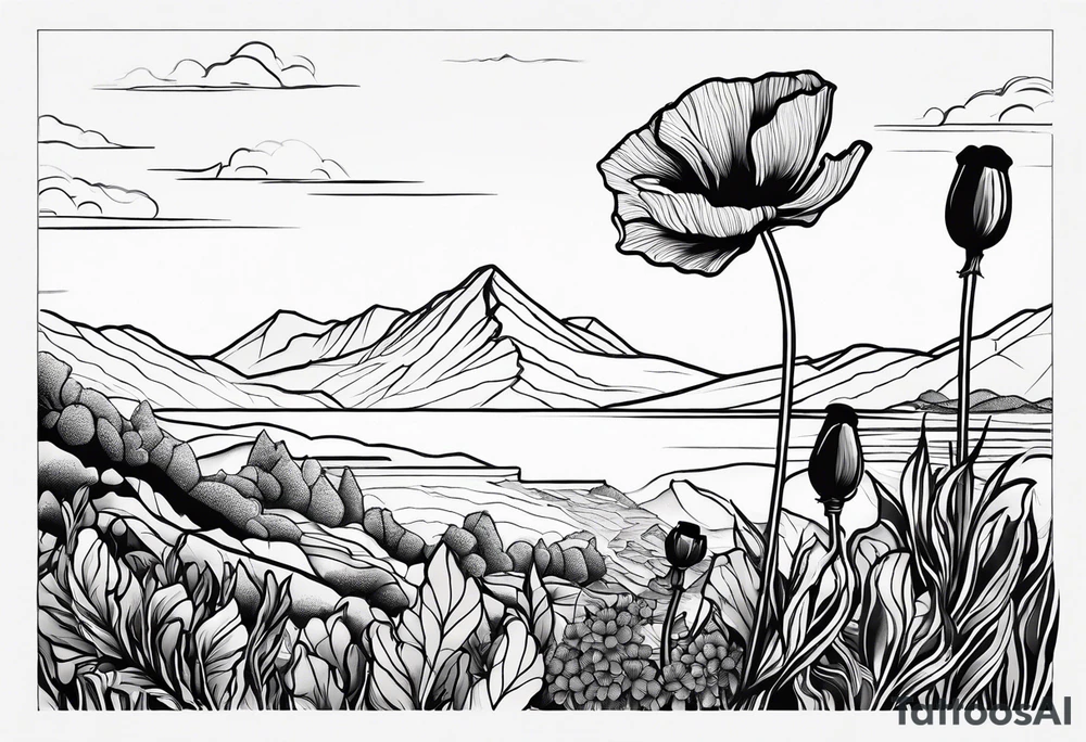 small poppy flower with mountains above it and the ocean below it tattoo idea