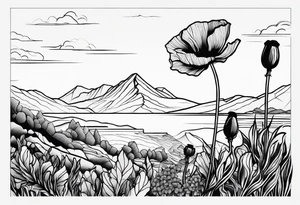 small poppy flower with mountains above it and the ocean below it tattoo idea