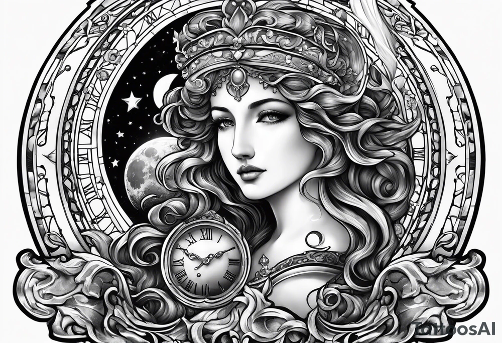 Janus, timeless clock, Aquarius, moon tattoo idea