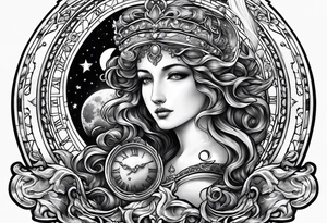 Janus, timeless clock, Aquarius, moon tattoo idea