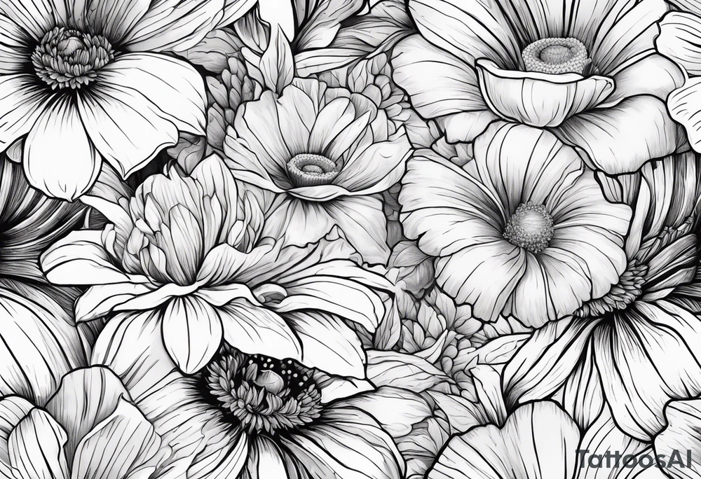 A single daisy and a rose with poppies and gladiolus flowers weaving through the daisy and rose tattoo idea